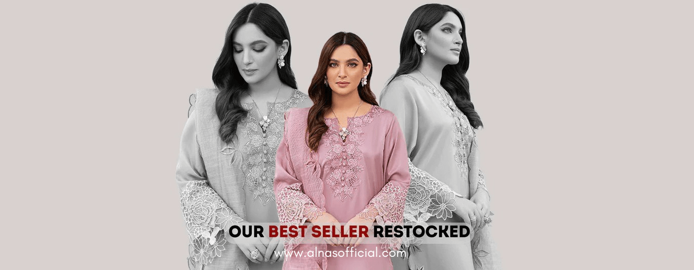 ''Three women wearing embroidered outfits with promotional text on a light gray background''
